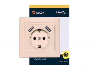 Розетка з заземленням з 2 USB Emily 9215 крем ELCOR